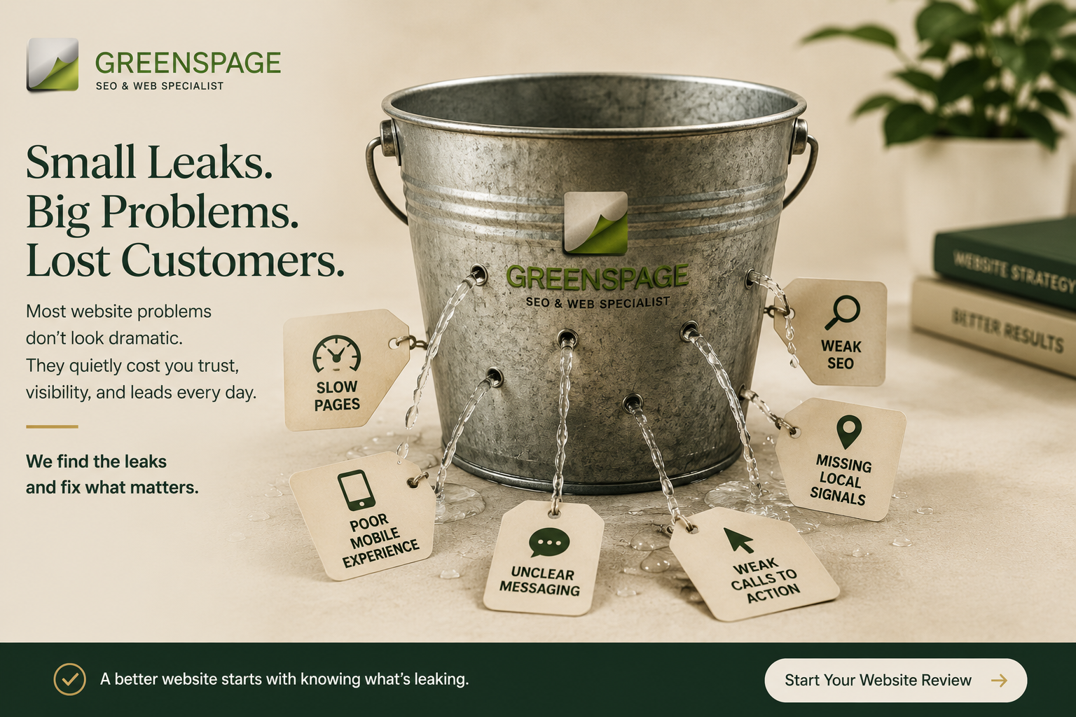 Leaking bucket metaphor showing how small website problems can cost a business leads