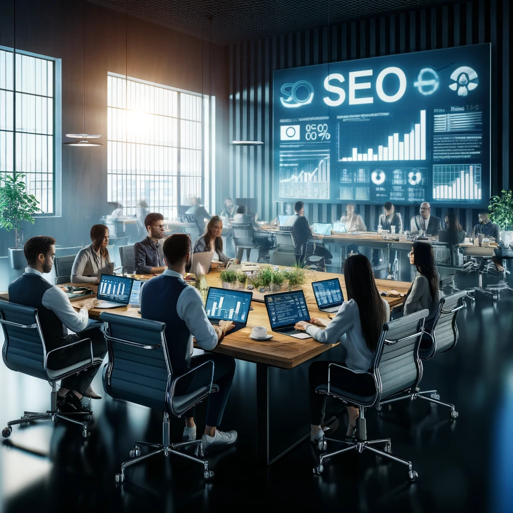 A diverse team of digital marketing professionals engaged in a strategy meeting in a modern office environment, surrounded by laptops, digital devices, and large displays showing SEO metrics and graphs.
