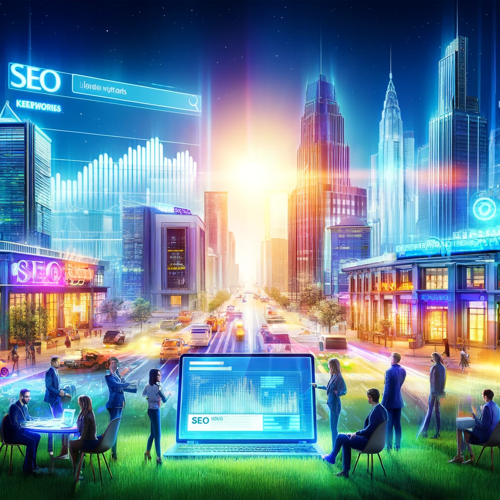Vibrant cityscape of Oak Ridge, TN, emphasizing digital marketing prowess with buildings adorned with digital SEO analytics, a group of professionals engaged in data analysis, and a laptop displaying organic SEO tactics on its screen.