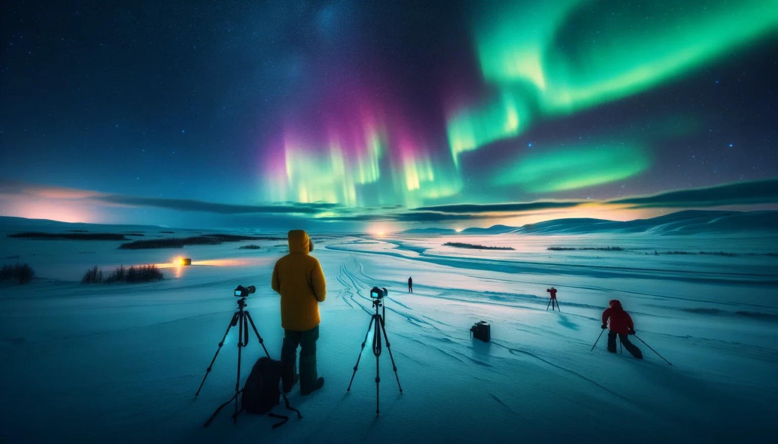 A panoramic night landscape under the aurora borealis, featuring a snow-covered plain illuminated by vibrant green, pink, and violet lights. Several spectators, dressed in winter clothing and using cameras on tripods, observe the celestial display from a remote, dark location.