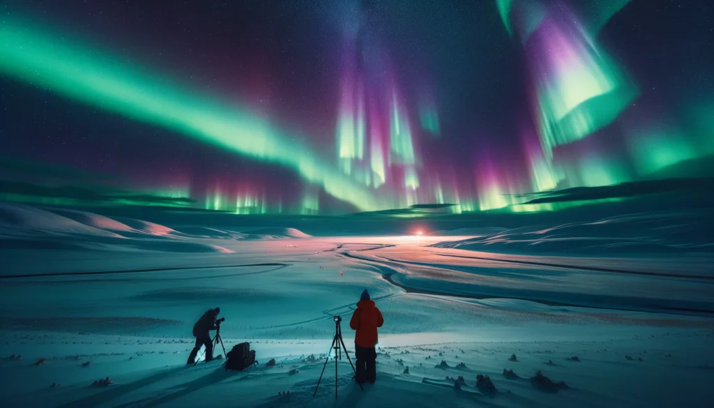 A serene night scene depicting the northern lights casting a colorful glow over a vast snowy landscape. Small groups of warmly dressed photographers capture the natural spectacle with their cameras, set up on tripods, away from any city lights.