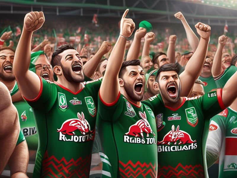 South Sydney Rabbitohs fans in green and red jerseys cheering with banners and flags.