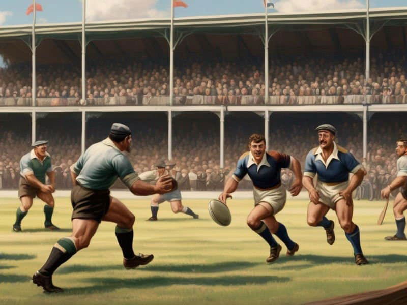 Vintage rugby match in early 1900s with players in old-fashioned gear and a modest crowd.