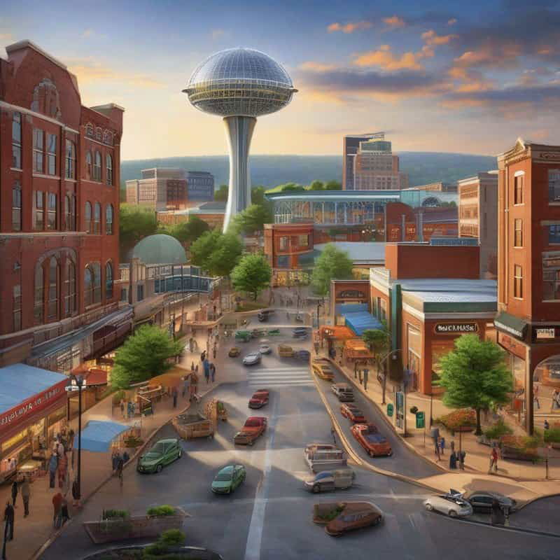Illustration of Knoxville cityscape with business owners gathered around a computer screen displaying an SEO dashboard, featuring landmarks like the Sunsphere and Market Square.