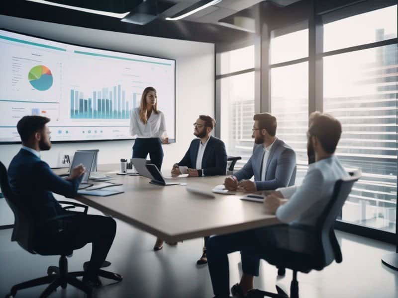 A marketing team analyzing competitor SEO strategies on a large screen, with whiteboards and charts displaying data, and team members taking notes.