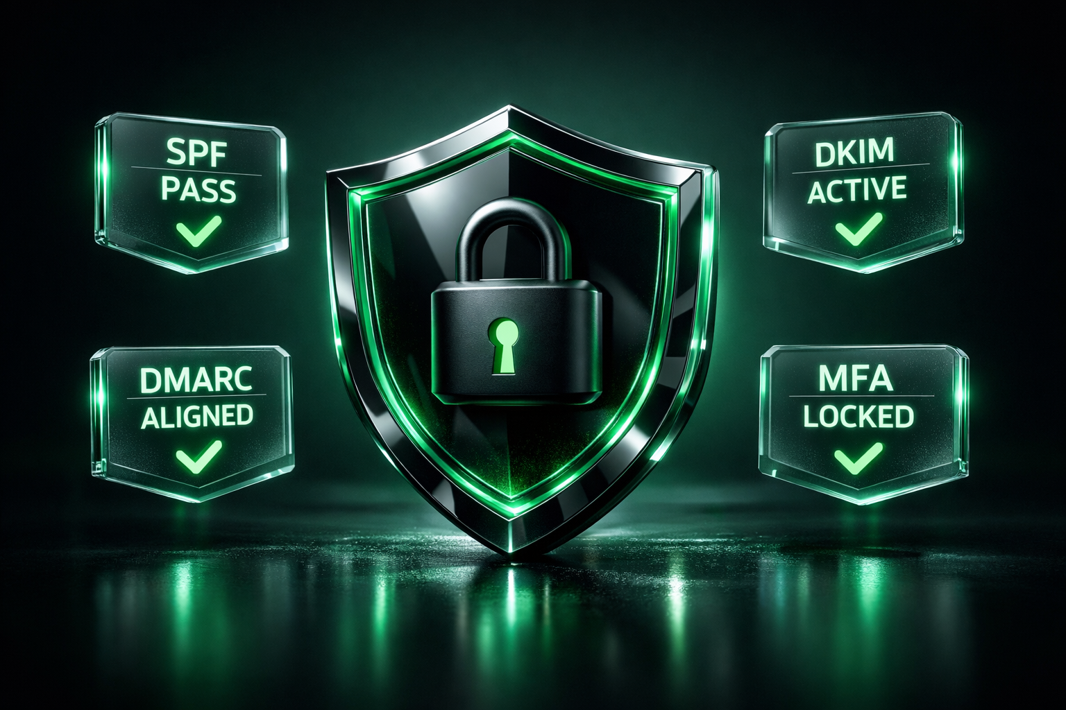 Domain security protection with SPF, DKIM, DMARC, and MFA.