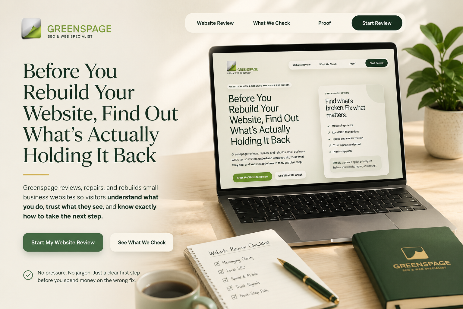 Greenspage website review page shown on a laptop with a small business website checklist