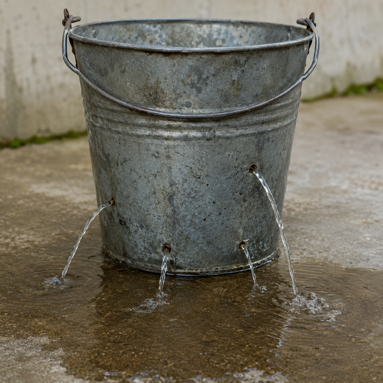 A leaking metal bucket